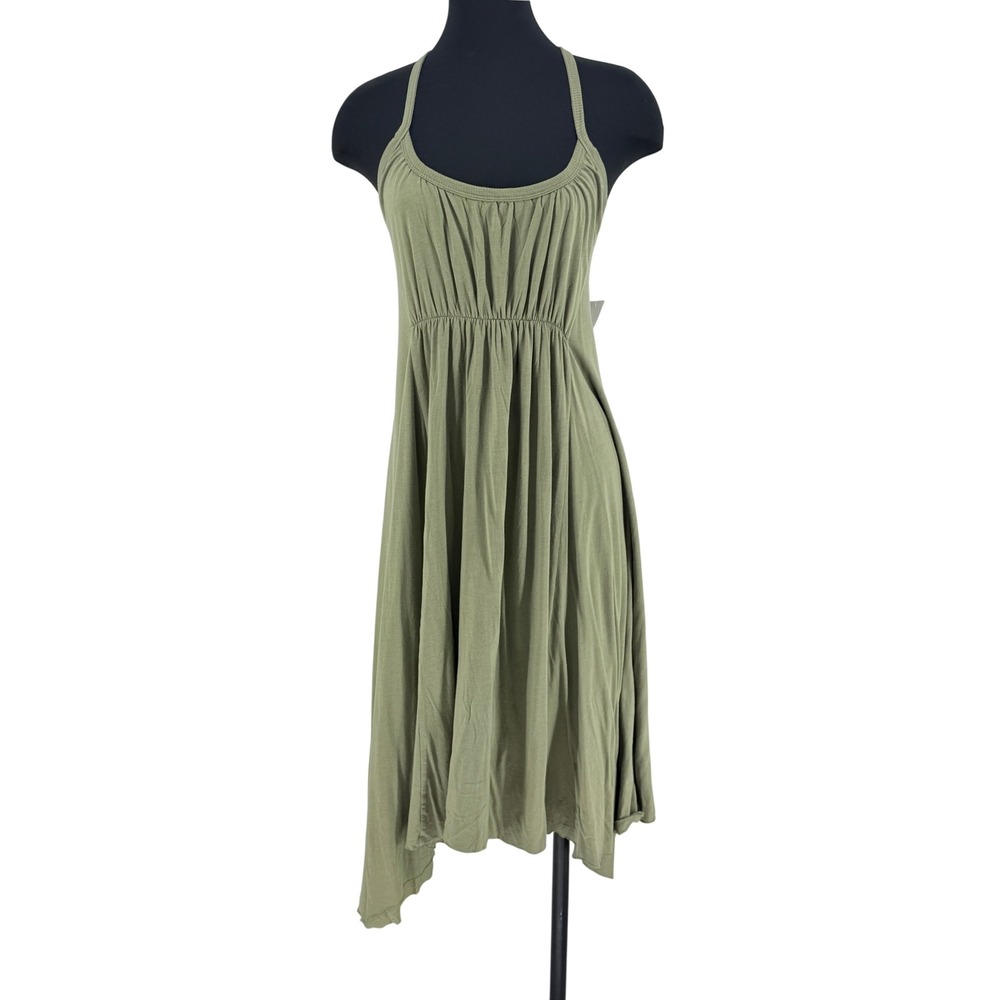 Hard Tail Forever New Y2K Olive Green Handkerchief Hem Midi Dress Deep Neck L